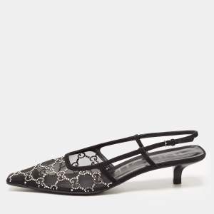 Gucci Black Suede and Mesh Crystal Embellished Slingback Sandals Size 41.5