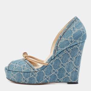 Gucci Blue GG Denim Bamboo Peep Toe D'orsay Wedge Sandals Size 38