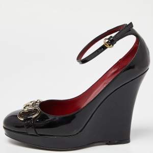 Pre Owned Gucci Black Patent Leather Horsebit Ankle Strap Pumps Size 35.5