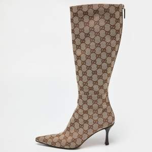 Gucci Beige/Brown GG Canvas Zip Knee Length Boots Size 36.5 