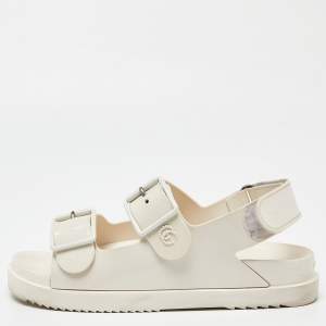 Gucci Off White Rubber Mini Double G Logo Dusty Ankle Strap Flat Sandals Size 38