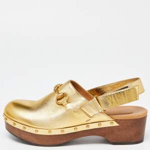 Gucci Gold Leather Amstel Horsebit Slingback Clog Sandals Size 38