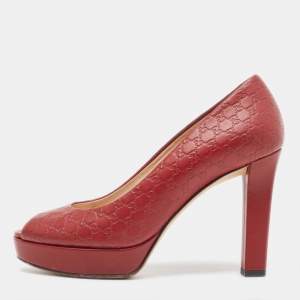 Pre Owned Gucci Dark Red Microguccissima Leather Peep Toe Platform Pumps Size 37