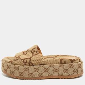 Gucci Brown/Beige GG Canvas Platform Slide Sandals Size 38.5