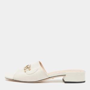 Gucci Off White Leather Zumi Slide Sandals Size 37