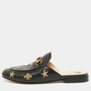 Gucci Black/Gold Leather Bee and Star Embroidered Princetown Flat Mules Size 37