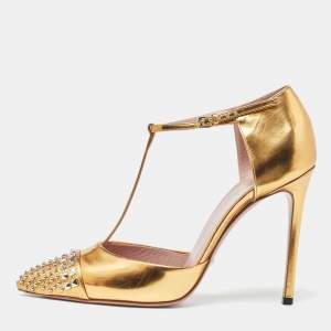 Pre Owned Gucci Gold Patent Leather Coline T Strap Pumps Size 39.5