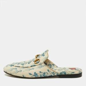 Gucci Blue/White Leather Floral Princetown Mules Size 36.5
