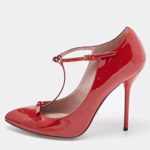 Pre Owned Gucci Red Patent Leather Bow Accents T-Strap Pumps Size 38.5