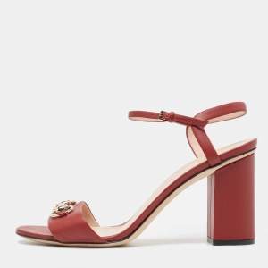Pre Owned Gucci Red Leather Horsebit Block Heel Ankle Strap Sandals Size 40