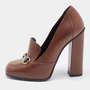 Pre Owned Gucci Brown Leather Loafer Pumps Size 38.5