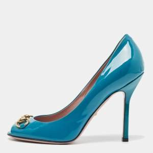 Gucci Teal Patent Leather Horsebit Peep Toe Pumps Size 39