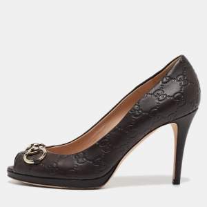 Gucci Dark Brown Guccissima Leather Horsebit Peep Toe Pumps Size 39