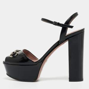 Gucci Black Patent Leather Claudie Platform Sandals Size 37