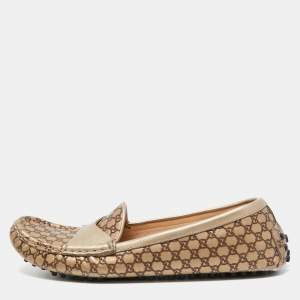 Pre Owned Gucci Metallic/Brown Leather Slip On Loafers Size 38