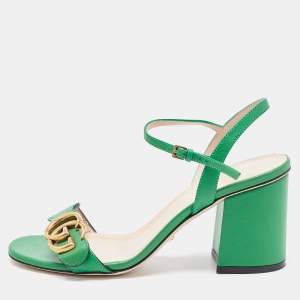 Gucci Green Leather GG Marmont Block Heel Ankle Strap Sandals Size 36