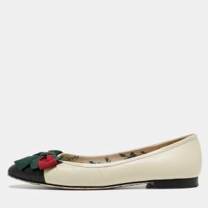 Gucci Cream/Black Leather Web Accent Ballet Flats Size 41