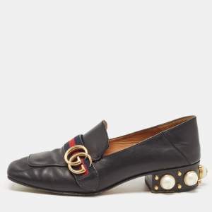Pre Owned Gucci Black Leather Web GG Marmont Faux Pearl Embellished Loafer Pumps Size 37.5
