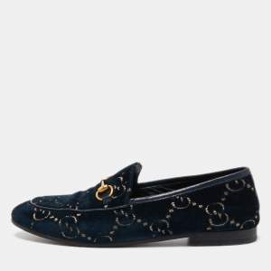 Gucci Blue GG Velvet and Leather Horsebit Slip On Loafers Size 38