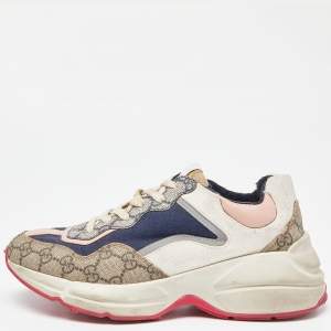 Gucci Multicolor GG Supreme,Leather and Canvas Rhyton Sneakers Size 38