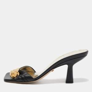 Gucci Black Leather Embellished Rajah Open Toe Slide Sandals Size 35