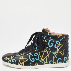 Gucci Black Graffiti Leather Ghost High Top Sneakers Size 35.5