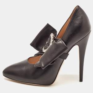 Pre Owned Gucci Black Leather Elaisa Removable Crystal Embellished Bow Strap Pumps Size 37.5