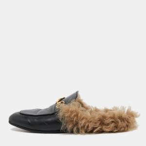 Gucci Black Leather and Fur Princetown Horsebit Flat Mules Size 37
