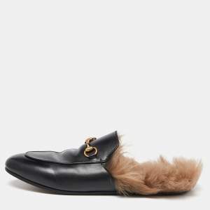 Pre Owned Gucci Black Leather and Fur Princetown Flat Mules Size 41