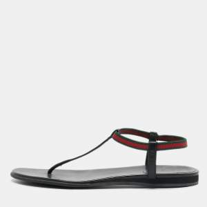 Gucci Black Leather Areia Thong Sandals Size 37