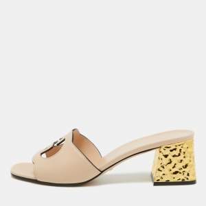 Gucci Light Pink Leather Cut Out Interlocking G Slide Sandals Size 41.5