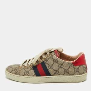 Gucci Brown/Beige Monogram Canvas Ace Low Top Sneakers Size 37.5