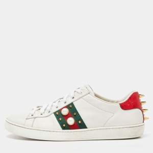 Gucci White Leather Faux Pearl and Spike Embellished Ace Sneakers Size 38
