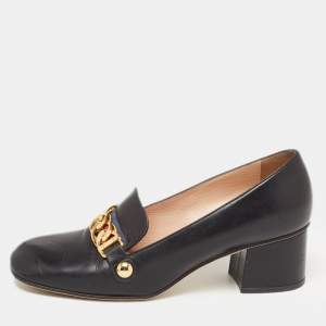 Pre Owned Gucci Black Leather Web Chain Link Detail Block Heel Pumps Size 37
