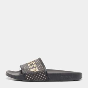 Gucci Black Leather and Canvas Guccy Flat Slides Size 40 