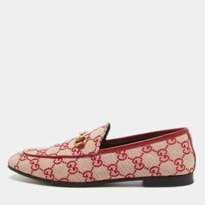 Gucci Pink/Red GG Canvas Jordaan Horsebit Loafers Size 37.5
