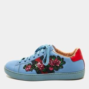 Gucci Blue Leather Flower Sequins Embellished Ace Low Top Sneakers Size 36