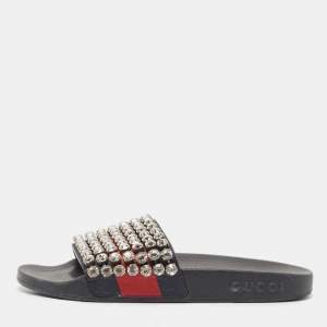 Gucci Navy Blue/Red Web Leather Crystal Embellished Slides Size 35