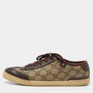 Gucci Beige/Brown GG Supreme Canvas and Leather Web Lace Up Sneakers Size 37.5