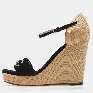 Gucci Black Suede Horsebit Wedge Espadrille Platform Sandals Size 38.5