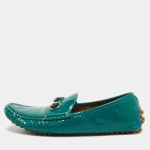 Gucci Green Patent Leather Jordaan Horsebit Slip On Loafers Size 39