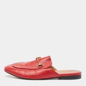 Pre Owned Gucci Red Leather Princetown Flat Mules Size 38.5