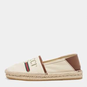 Gucci White/Brown Leather and Canvas  Espadrille Flats Size 40