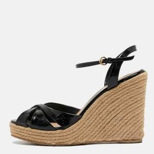 Gucci Black Microguccissima Patent Leather Penelope Espadrille Wedge Sandals Size 39