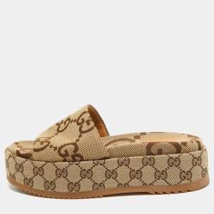 Gucci Brown/Beige GG Canvas Platform Slide Sandals Size 37