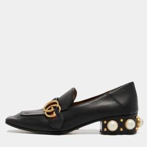 Gucci Black Leather Pearl Embellished Double G Web Mid Heel Loafers Size 37