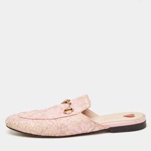 Gucci Pink Lace and Mesh Princetown Mules Size 38.5