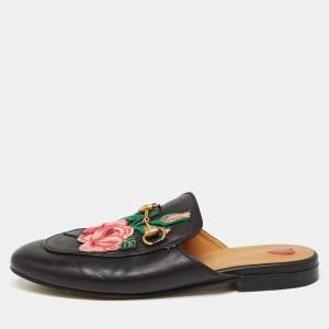 Gucci Black Leather Rose Embroidered Princetown Horsebit Flat Mules Size 37