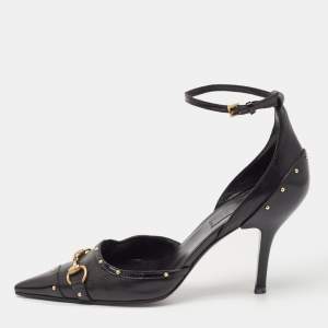 Gucci Black Leather Horsebit Studded Pointed Toe Ankle Strap Pumps Size 36
