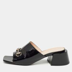 Gucci Black Patent Leather Horsebit Block Heel Slide Sandals Size 39.5